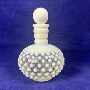 Fenton Vintage Opalescent Glass White Hobnail 6" Perfume Bottle with Stopper